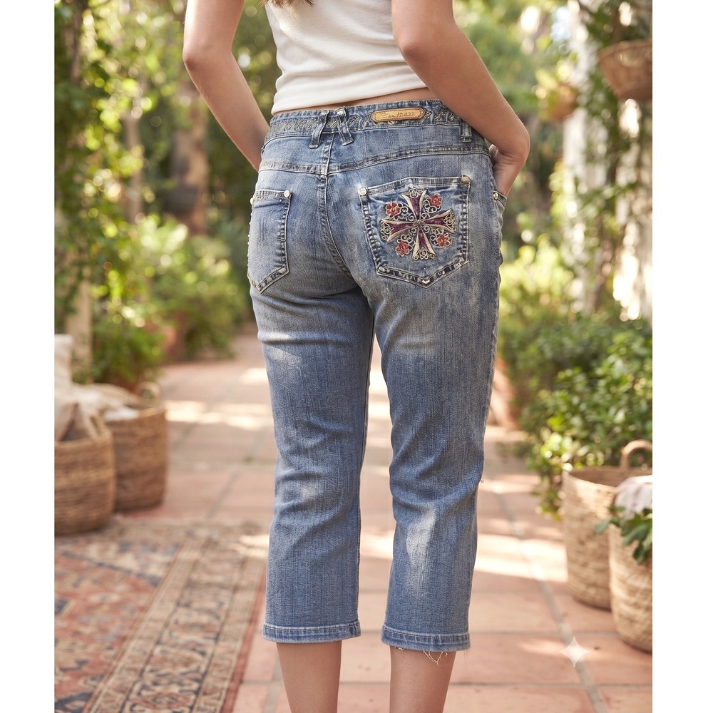 Cos Jeans Capri Denim Straight Medium Wash Blue Sz 6P (30x19.5) Y2K Floral Boho